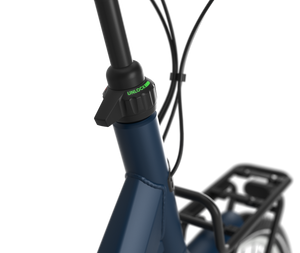 Bloom C7 HMS steering lock prevents handles from turning when loading up bike. Shown on mallard blue model.