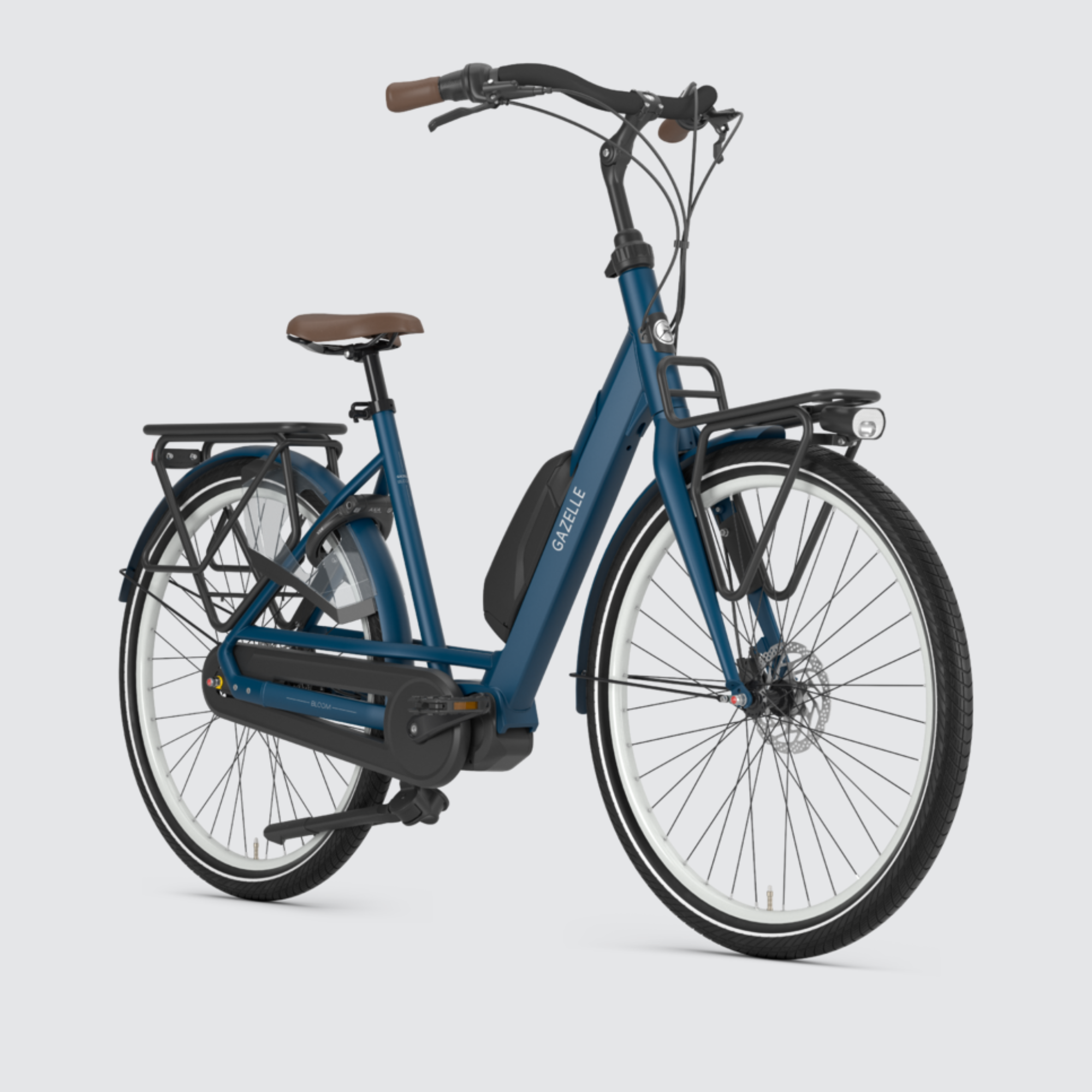 Angled view of the Gazelle Bloom C7 HMS Electric Bike in Mallard Blue – A perfect blend of style and family-friendly functionality for your everyday adventures.