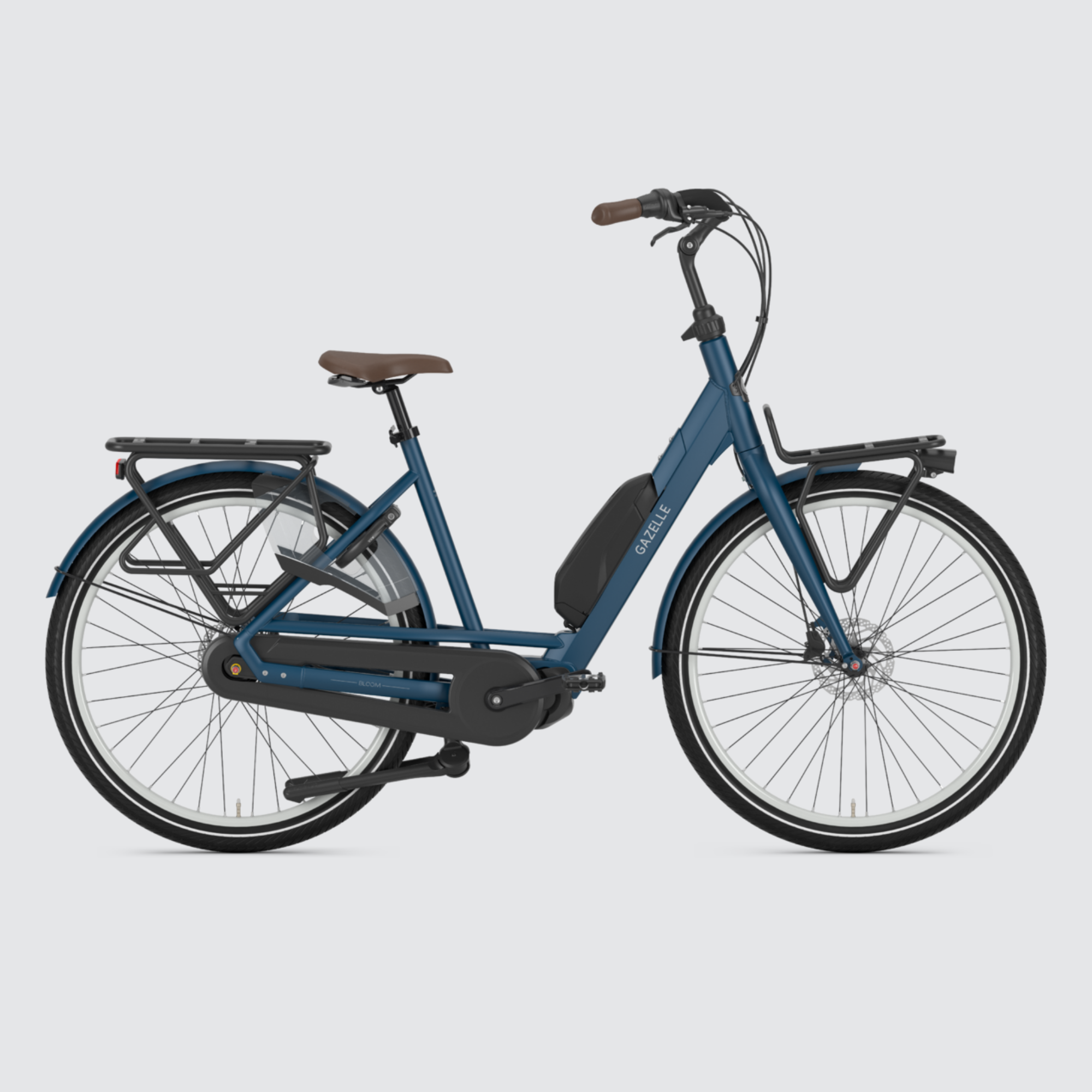 Effortless family cycling with the Gazelle Bloom C7 HMS – spacious design for comfort and safety. Shown in Mallard Blue colour.