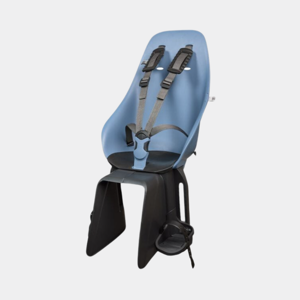Urban Iki rear rack child seat with ergonomic design and safety harness blue