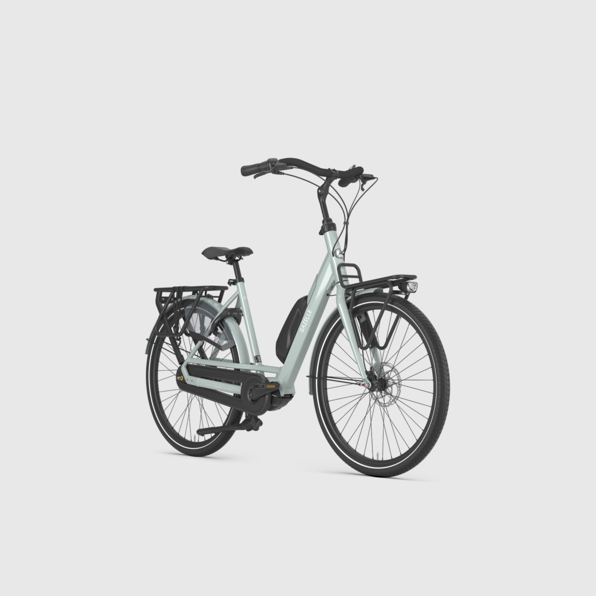 Light blue electric bicycle on a light gray background