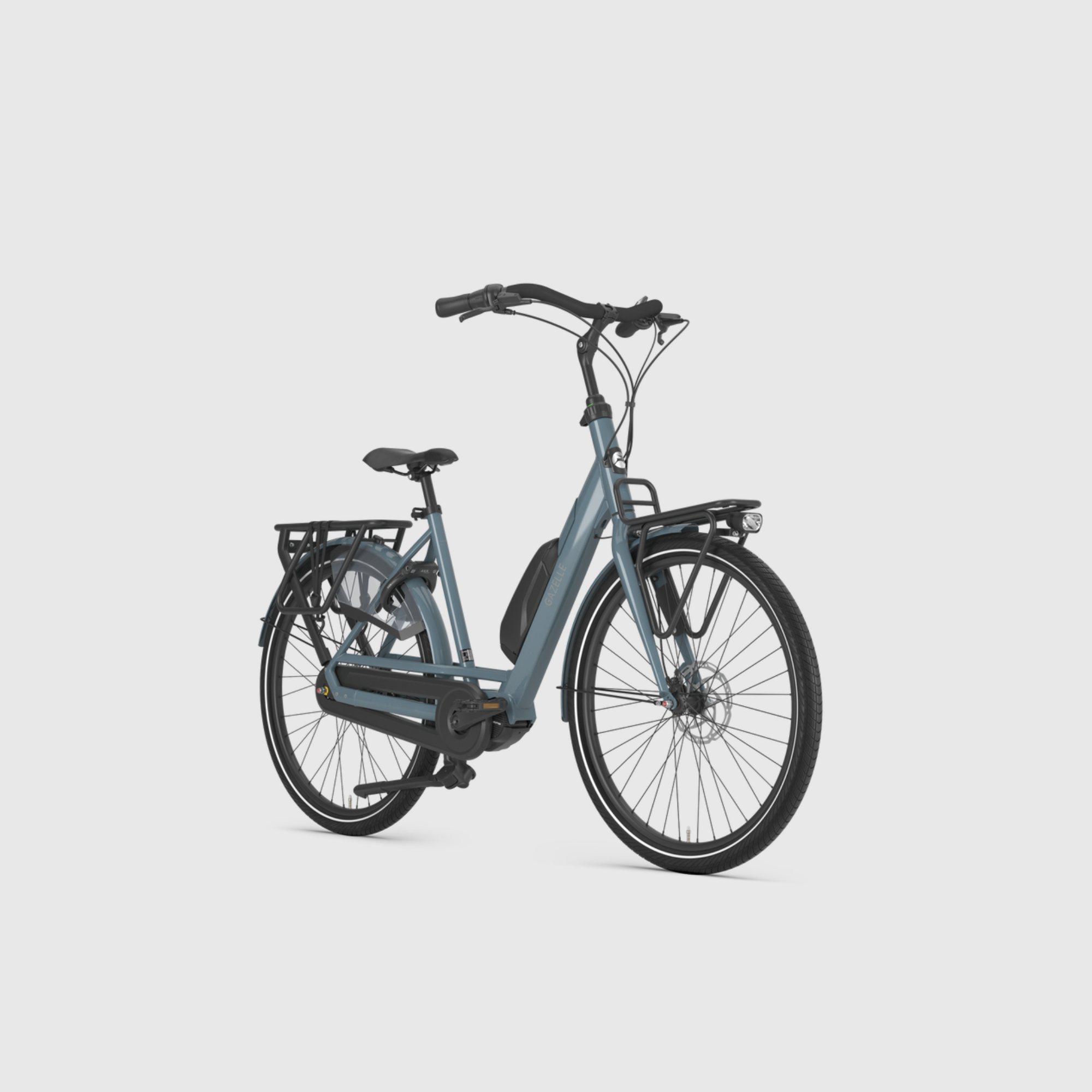 Blue electric bicycle on a light gray background