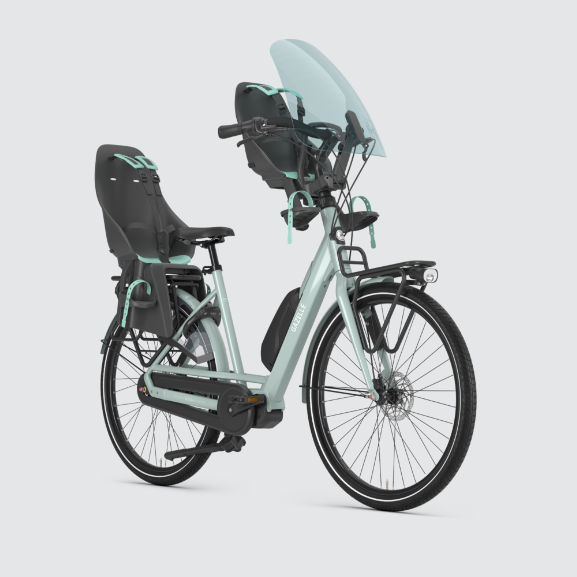 Explore the spacious design and stability of the Gazelle Bloom C7 HMS – your ideal family-friendly electric bike.  Bicycle shown with child seats in front and rear position with screen at the front. Child sseats and screen not included and must be purchased separately. 