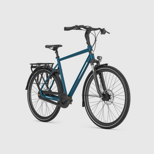 Blue bicycle on a light gray background