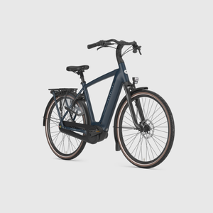 Blue electric bicycle on a light gray background