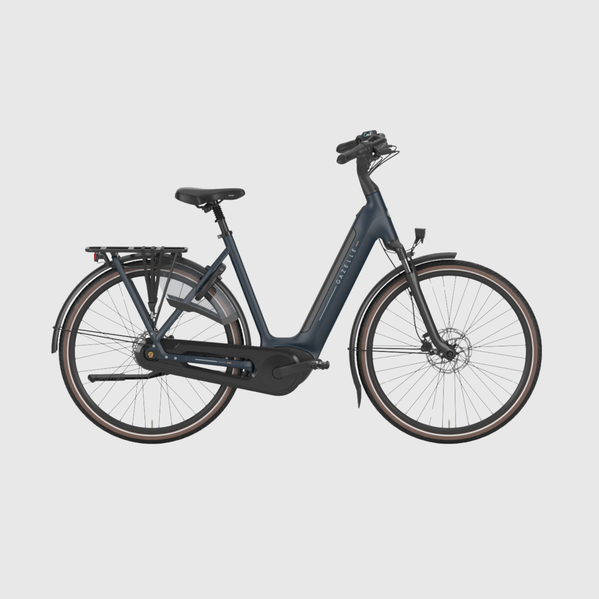 Dark blue electric bicycle on a light gray background