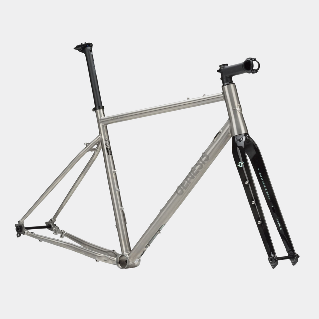 genesis croix de fer Ti Frameset. Adventure bike frameset Lightweight titanium frame Bikepacking touring carbon fork flat mount disc brakes Thru-axle long distance touring silver black