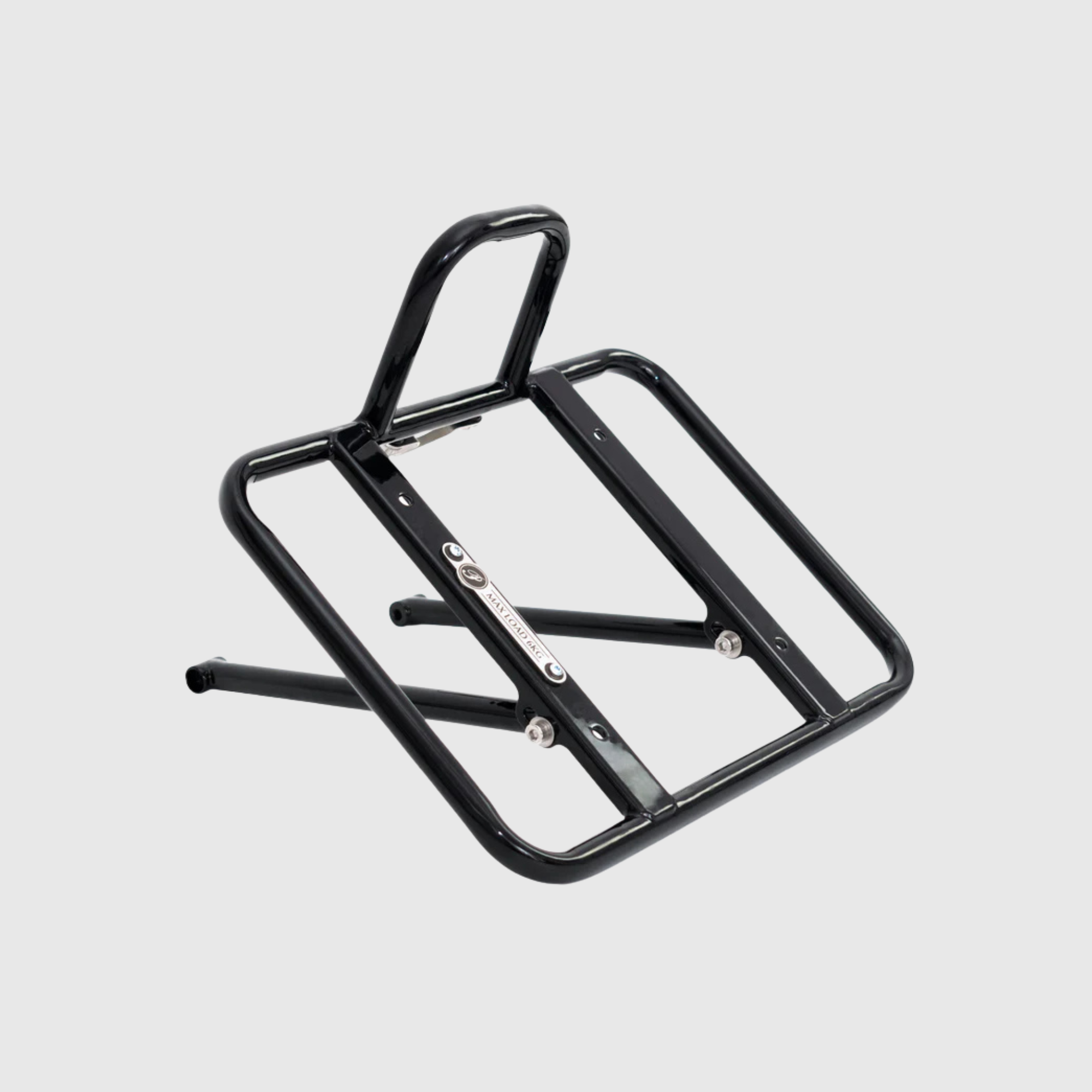 Black pashley morgan pathfinder bicycle luggage rack on a light gray background