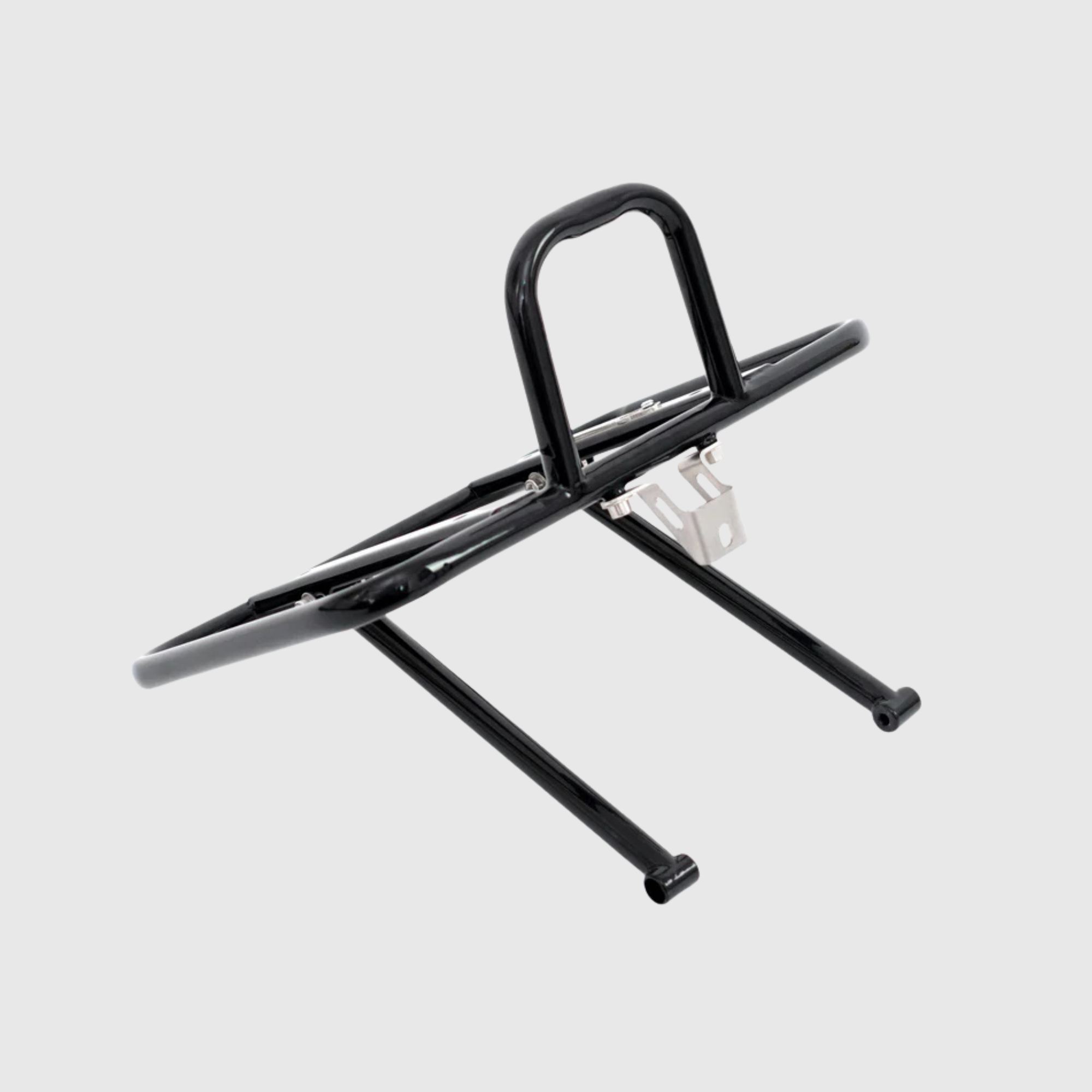 Black pashley morgan pathfinder bicycle luggage rack on a light gray background