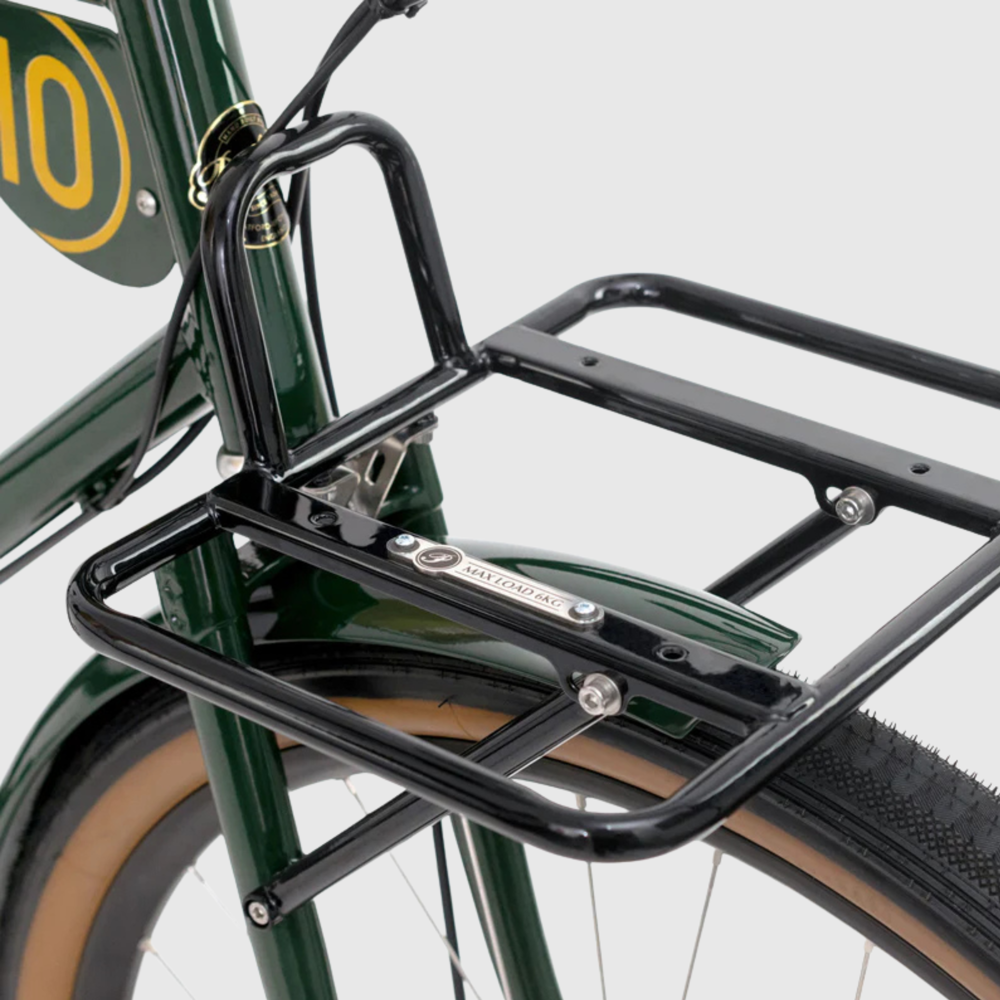 Black pashley morgan pathfinder bicycle luggage rack on a light gray background