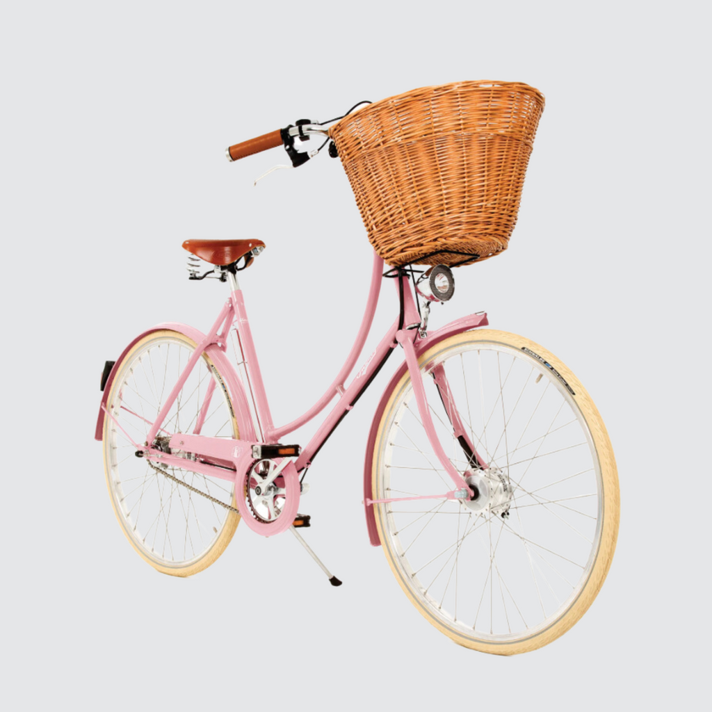 pashley classic ladies step through britannia  bike Classic British bicycle Handcrafted steel bike Traditional lugged steel frame Brooks leather saddle Upright riding position bike Wicker basket bicycle Full mudguards bike pink custom colour
