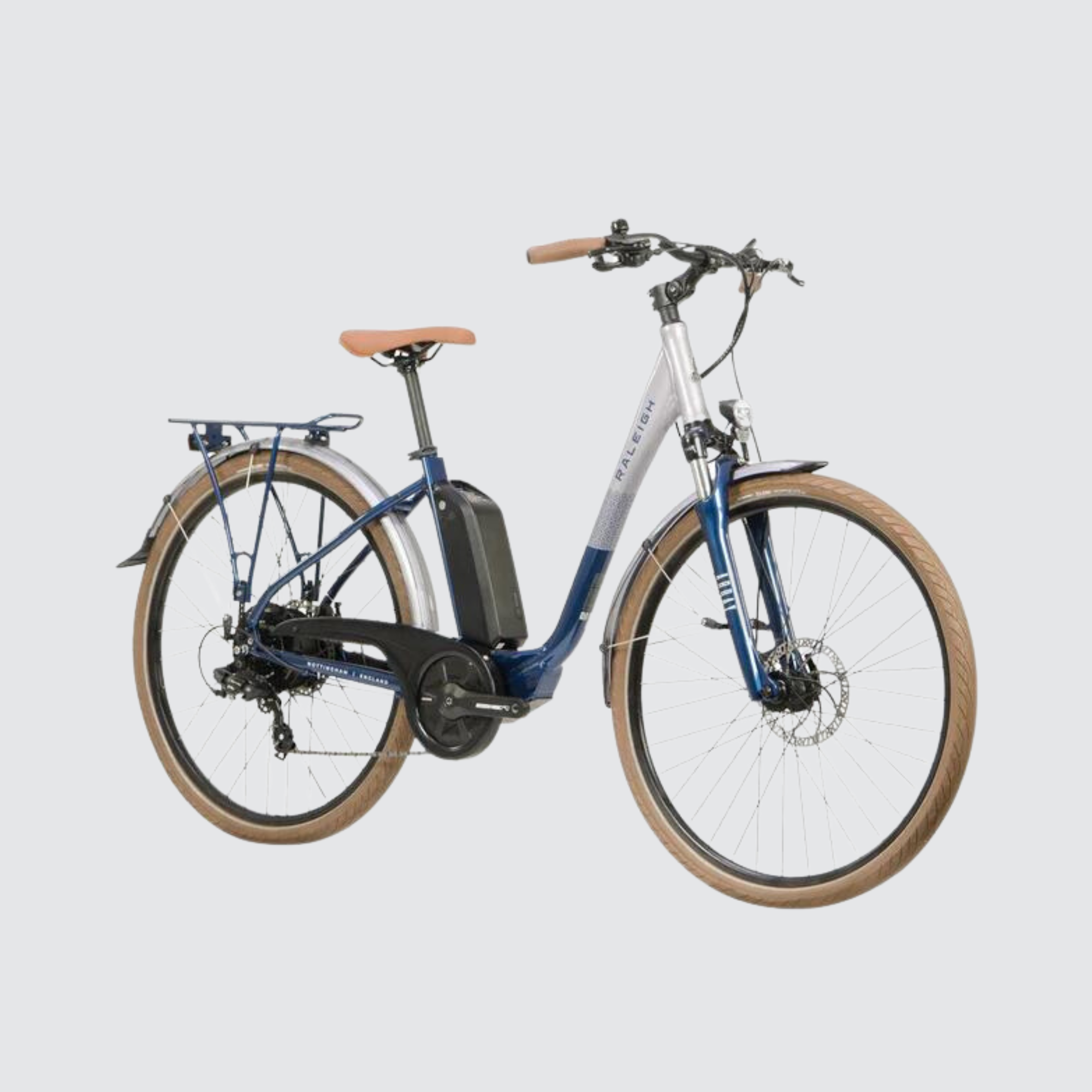 raleigh array electric hybrid bike low step blue and white