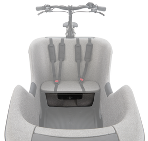 The Makki load box is shown with the child seat and seat belts to allow for up to two children to ride safely with you on journeys around town. Underneath the seat is a secure storage box with lock to securely manage toys and other items. 